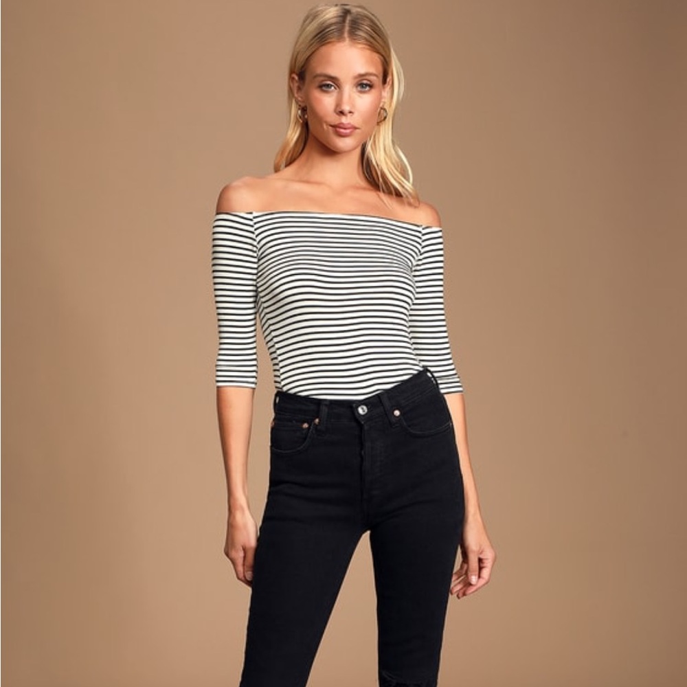 Lulu’s Elevated Essence White and Black Striped Off-the-Shoulder Top